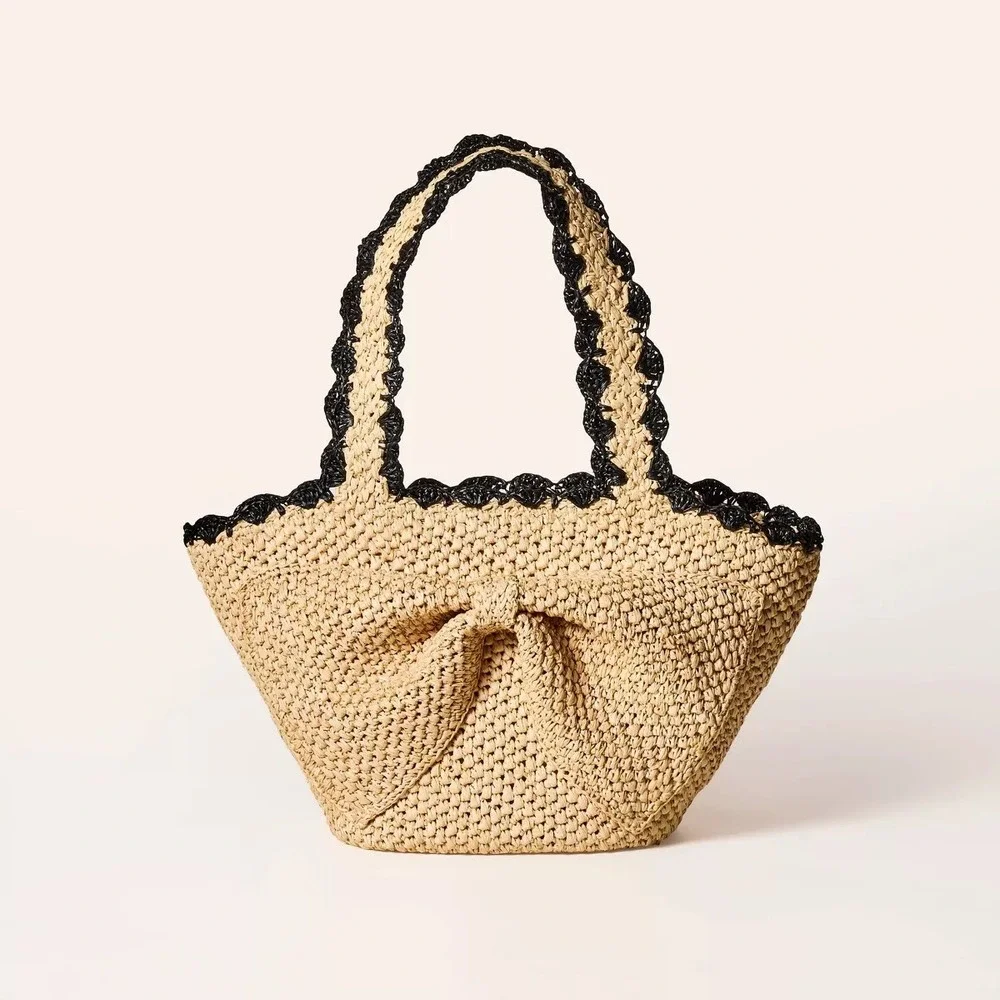 KATE SPADE x TARGET Raffia Bow Tote‎ Bag Woven Natural Black Boho Romantic Vacay